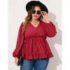 YesFashion Women's Plus Size Blouses V Neck Puff Sleeve Babydoll Tunic Long Sleeve Chiffon Casual Tops Ruffle Shirts - 3 of 4