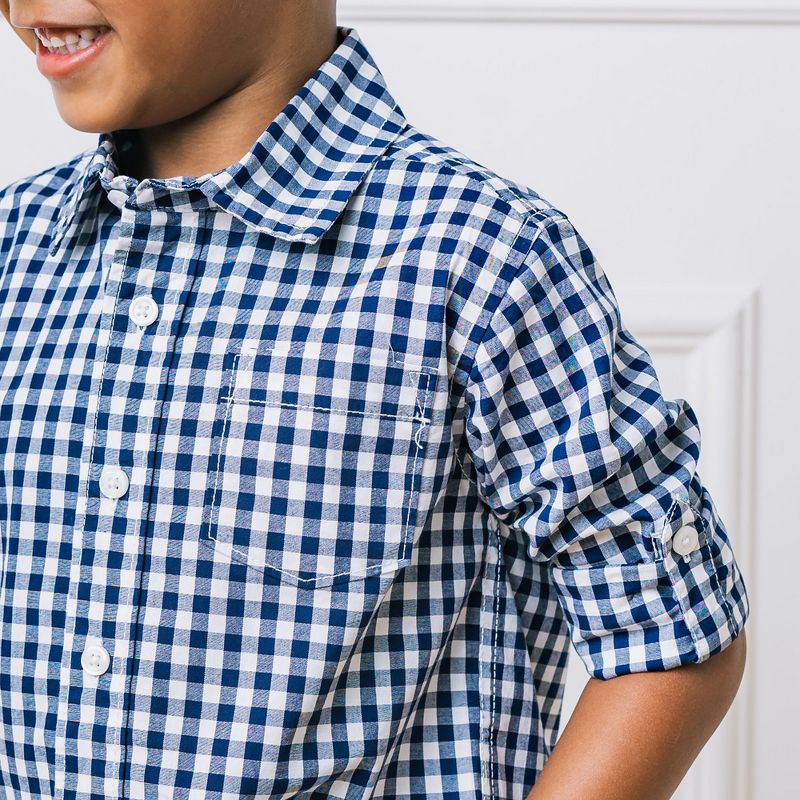 Hope & Henry Boys' Organic Long Sleeve Stretch Poplin Roll-Up Button Down Shirt, Infant, 5 of 8