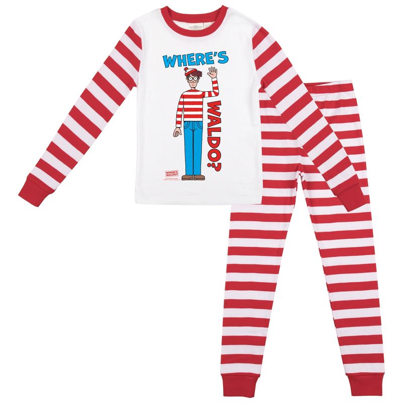 Where's Waldo Character Pose Boy's Long Sleeve Shirt & Red & White Striped Sleep Pajama Pants Set, 1 of 5