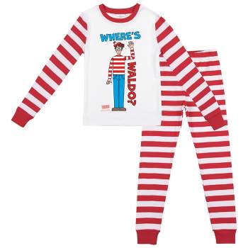 Where's Waldo Character Pose Boy's Long Sleeve Shirt & Red & White Striped Sleep Pajama Pants Set