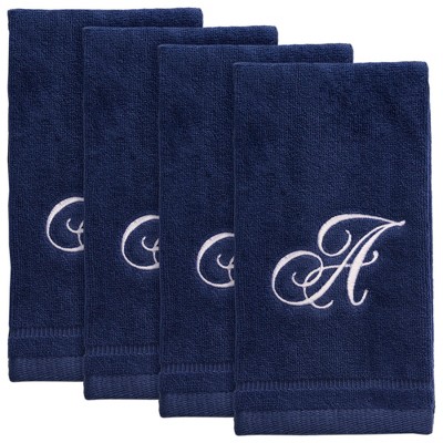 Creative Scents Navy Blue Fingertip Monogrammed Towels White Embroidered