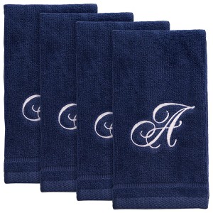 Creative Scents Navy Blue Fingertip Monogrammed Towels White Embroidered - 1 of 4