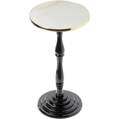 Espresso Wooden Round Pedestal Side Table with Glossy Marble Top