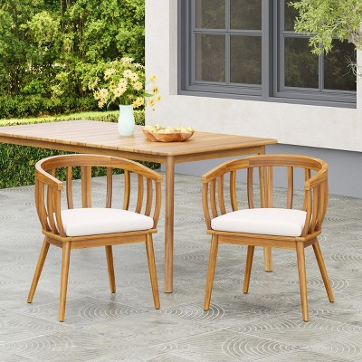 Outdoor Acacia Wood Dining Chairs Set of 2,Beige Fabric Upholstered Dining Chairs with Curved Backrest,Wood Armchairs for Garden Balcony-Coolbibila