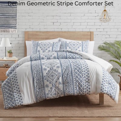 King Size White and Navy Blue Geometric Bohemian Comforter Set