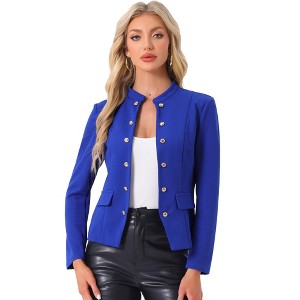 Allegra K Women's Casual Stand Collar Open Front Long Sleeve Button Decor Jacket - 1 of 4
