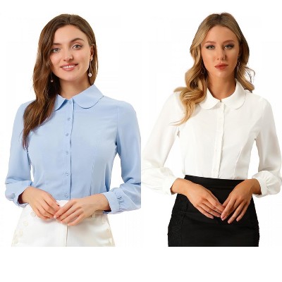 Allegra K Women's Work Peter Pan Collar Long Bishop Sleeve Button Down Shirt 2 Packs