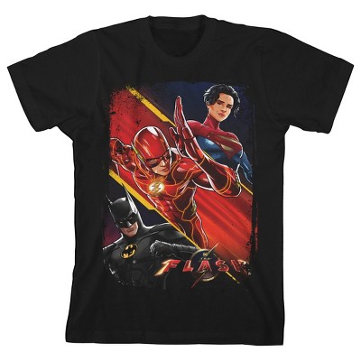 The Flash Movie Distressed Edges Character Group Poster Art Crew Neck Short  Sleeve Boys' Black T-shirt-Medium