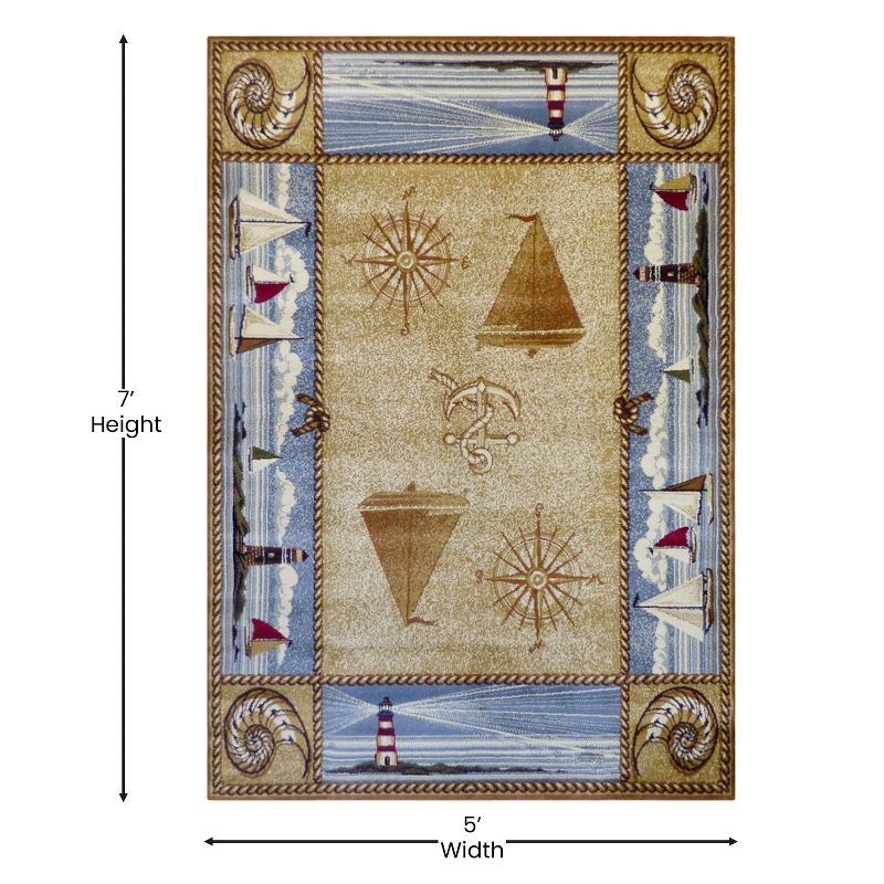 Emma and Oliver Nautical Theme Accent Rug with Coastal Scene Borders Featuring Sailboats, Lighthouses, Anchors, Compass Rose and Seashells, 4 of 7