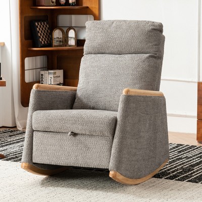 Vynxaria Grey Accent Rocking Chair with Footrest High Back Rubber Wood Rocking Legs
