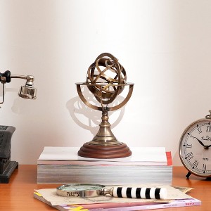 Decorative 4" Brass Armillary Sphere with Wood Base for Desk or Shelf Display - 1 of 4