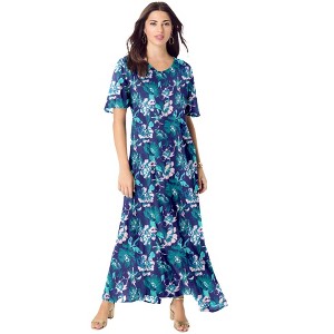 Roaman's Women's Plus Size Petite Flutter Sleeve Crinkle Dress - 1 of 4
