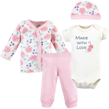 Touched by Nature Baby Girl Organic Cotton Preemie Layette 4pc Set, Pink Rose, Preemie
