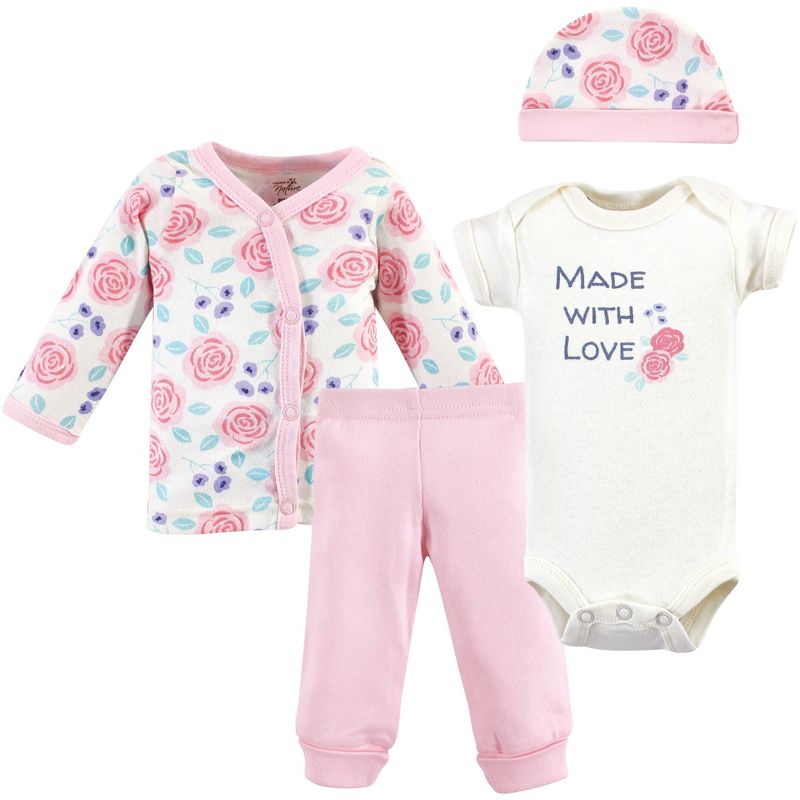 Touched by Nature Baby Girl Organic Cotton Preemie Layette 4pc Set, Pink Rose, Preemie, 1 of 7