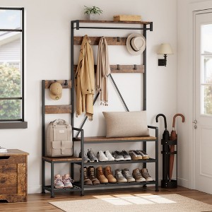 Coat Rack Shoe Bench Metal Frame Industrial Coat Tree Entryway Large Organizer with Shoe Rack, Storage Cubbies, Hooks, and Top Shelf, Brown - 1 of 4