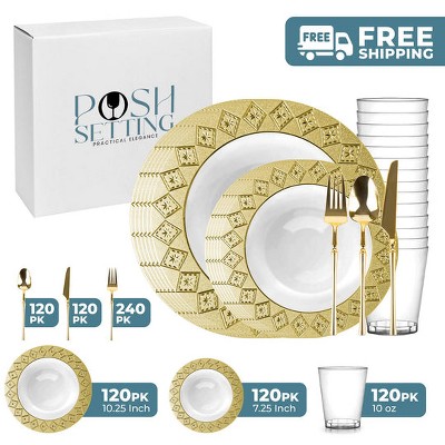 Posh Setting 840 Piece White And Gold Plastic Party Bundle - Imperial (120 Settings)