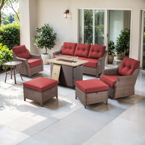 POCASSY 7 Piece 6 inch Thick Upholstered Cushion Patio Furniture Set with Fire Pit Table, All Weather Brown Wicker Outdoor Conversation Set for Deck - 1 of 4