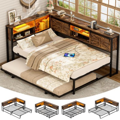 Aheaplus L-Shaped DayBed with Charging Station, Corner Bed Frame with Bookcase and Sliding Door