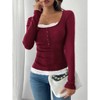 Women's Fashion Minimalist Square Neck Lace - Trimmed Button - Front Slim Fit Long Sleeve Top - 4 of 4