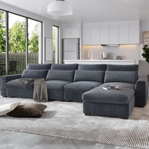 Modern Large L Shape Sectional Sofa Feather Filled Convertible Sofa Couch with Reversible Chaise Dark Gray ModernLuxe