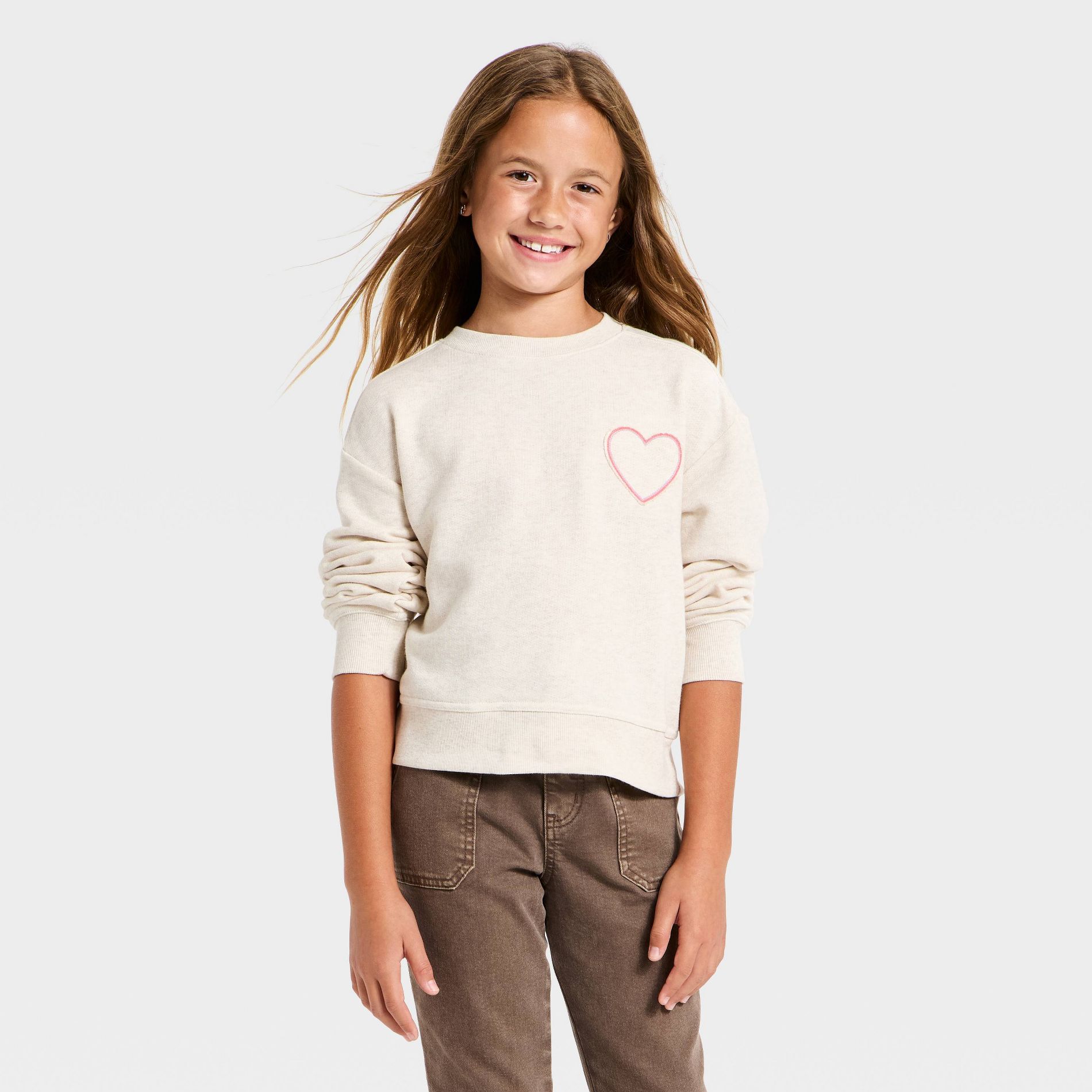 Girls' French Terry 'Heart' Pullover Sweatshirt - Cat & Jack™ Oatmeal S