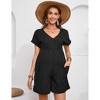 Coolmee Women's Jumpsuits V Neck Casual Summer Rolled Cuff Short Sleeve Wide Leg Short Pants High Waist Tunic Rompers with Side Pockets XL Black - 2 of 2