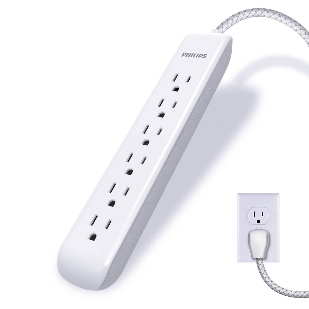 Philips 6-Outlet Surge Protector with 6ft Extension Cord, White