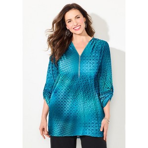 Catherines Women's Plus Size Petite Dream Drape Zip V-Neck Top - 1 of 3