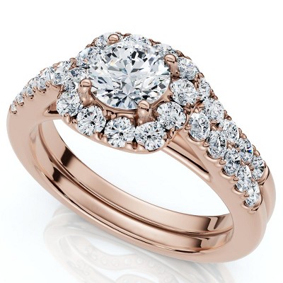 Pompeii3 1 1/10Ct Cushion Halo Diamond Engagement Ring & Matching Band Gold/Pt Lab Created