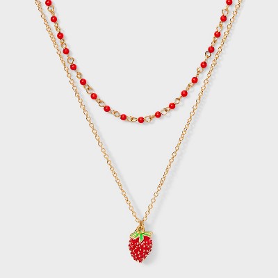 Strawberry Drop Multi-Strand Necklace - A New Day™ - Red/Gold: Nickel-Free Metal, Lobster Claw Clasp, 16" Length