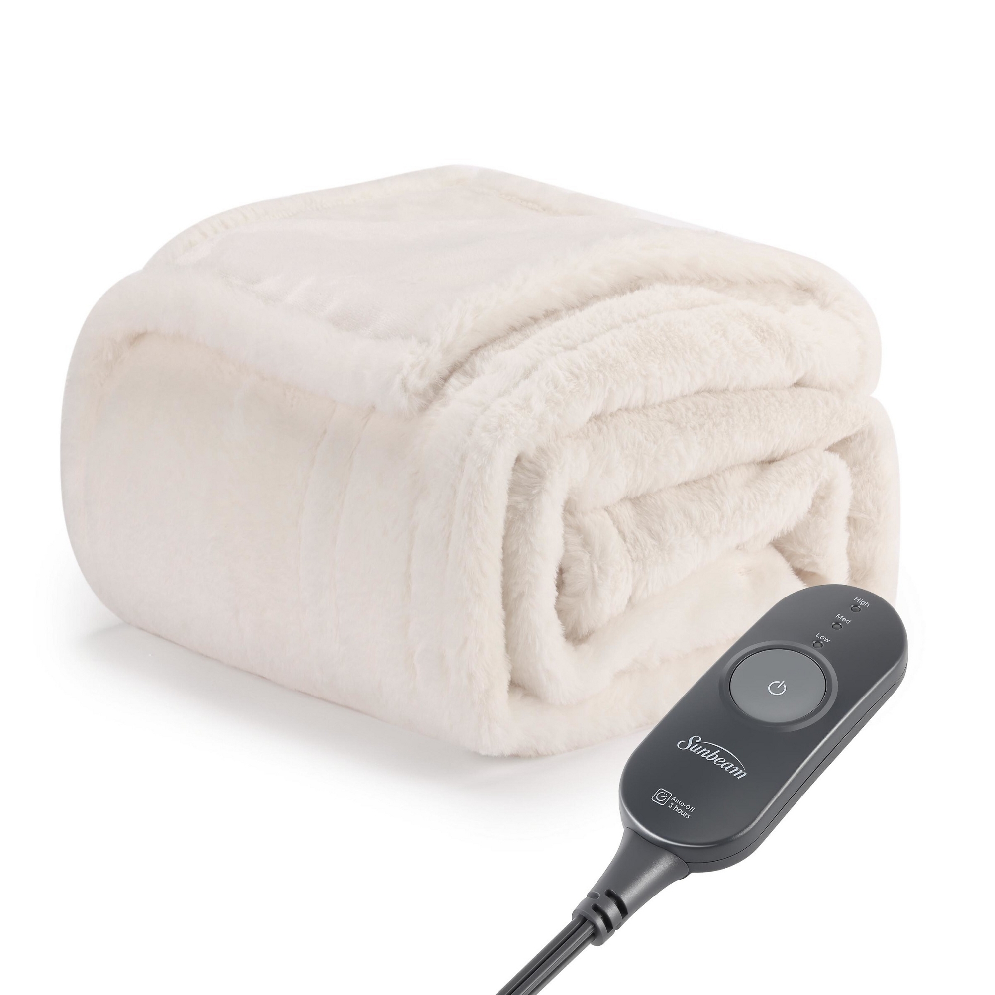 Sunbeam 50"x60" Heated Throw Blanket 3 Heat Settings Faux Fur White