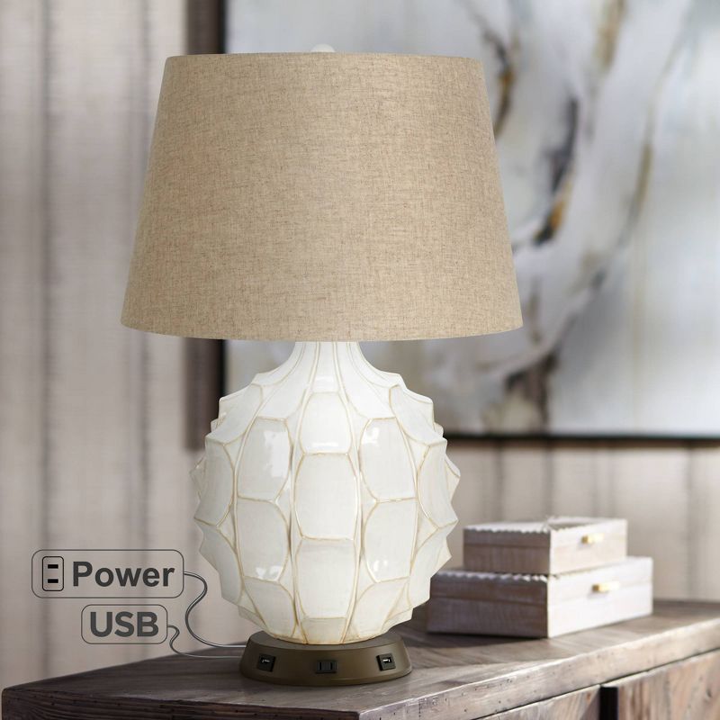 Possini Euro Design Mid Century Modern Table Lamp with USB Outlet Workstation Base 26.5" High Textured White Ceramic Drum Shade Living Room, 2 of 8