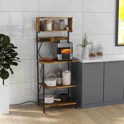 Rustic Brown Adjustable Kitchen Baker's Rack with Power Outlet