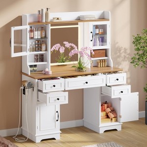 COZONY 47" Vanity Desk with Mirror LED Lights Power Outlet 7 Drawers 7 Shelves Modern Makeup Table White - 1 of 4