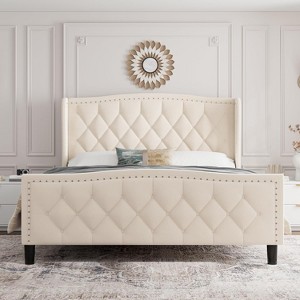 Bed Frame with 4 Storage Drawers & Charging Station, Upholstered Platform Bed with Wingback Storage Headboard, No Box Spring Needed - 1 of 4