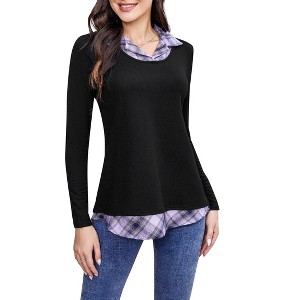 BLUEMING Womens Polo Shirts Color Block Faux Layering Shirts Plaid Shirts Teacher Shirts Everyday Tops - 1 of 4