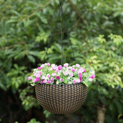 10" Bronze Self-Watering Hanging Basket Planter with Pink Flowers