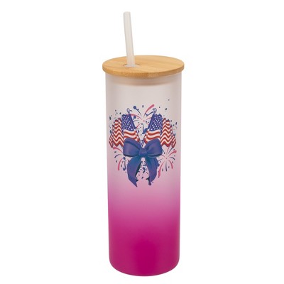 Elanze Designs 25 Ounce Frosted Glass Gradient Travel Tumbler With Straw and Wooden Lid, American Flag Pink