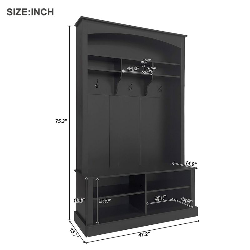 47.2"W 3-in-1 Design Hall Tree with 3 Hooks, Shoe Storage, Coat Hanger and Entryway Storage Bench - ModernLuxe, 3 of 14