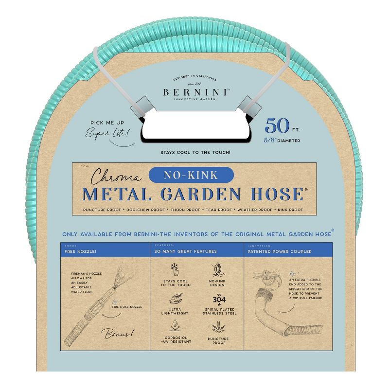 BERNINI  50&#39; No-Kink Lite Chroma Outdoor Metal Garden Hose - Turquoise Blue, 2 of 7