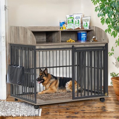 VisioGear 44" Dog Crate Furniture for Large Medium Dog with Lockable Wheels, End Table Crate with Double layer storage, Grey, 44"*29"*40.39"