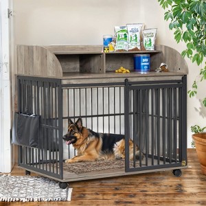 VisioGear 44" Dog Crate Furniture for Large Medium Dog with Lockable Wheels, End Table Crate with Double layer storage, Grey, 44"*29"*40.39" - 1 of 4