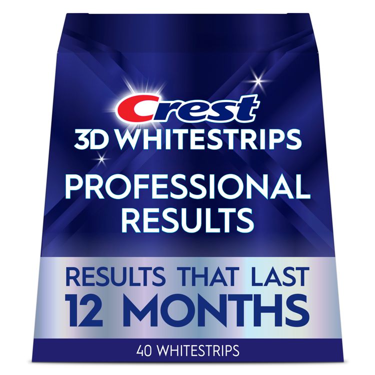 A package of Crest 3D Whitestrips with text stating "Professional Results" and "Results That Last 12 Months," containing 40 whitestrips.