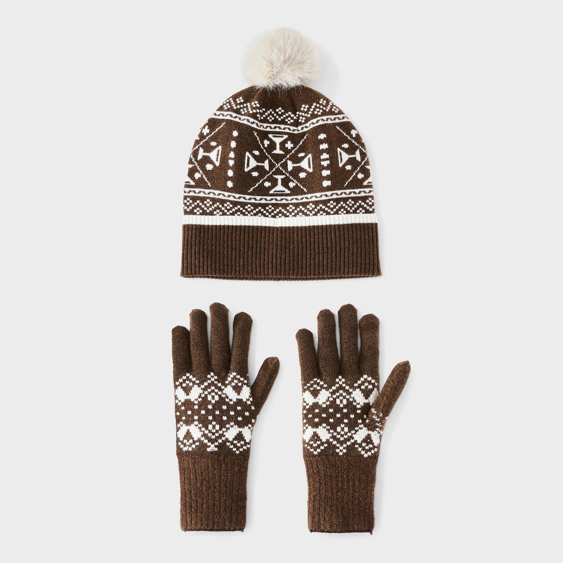 Fair Isle Pattern Beanie & Gloves 2pc Set - Universal Thread™ Brown