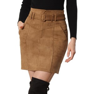 INSPIRE CHIC Women's Faux Suede High Waist Belted A-Line Mini Skirts - 1 of 4