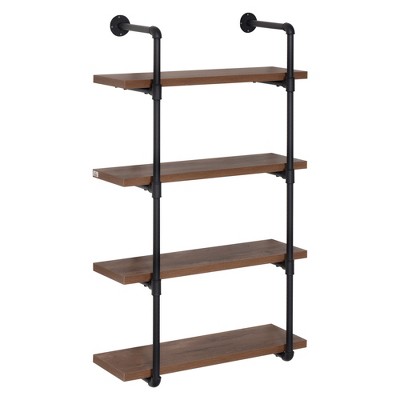 HOMCOM 4-Tier Industrial Shelves Pipe Style Floating Wall Bookshelf Metal Frame Display Rack 1.25" Thickness Shelving Unit for Farmhouse Kitchen Bar