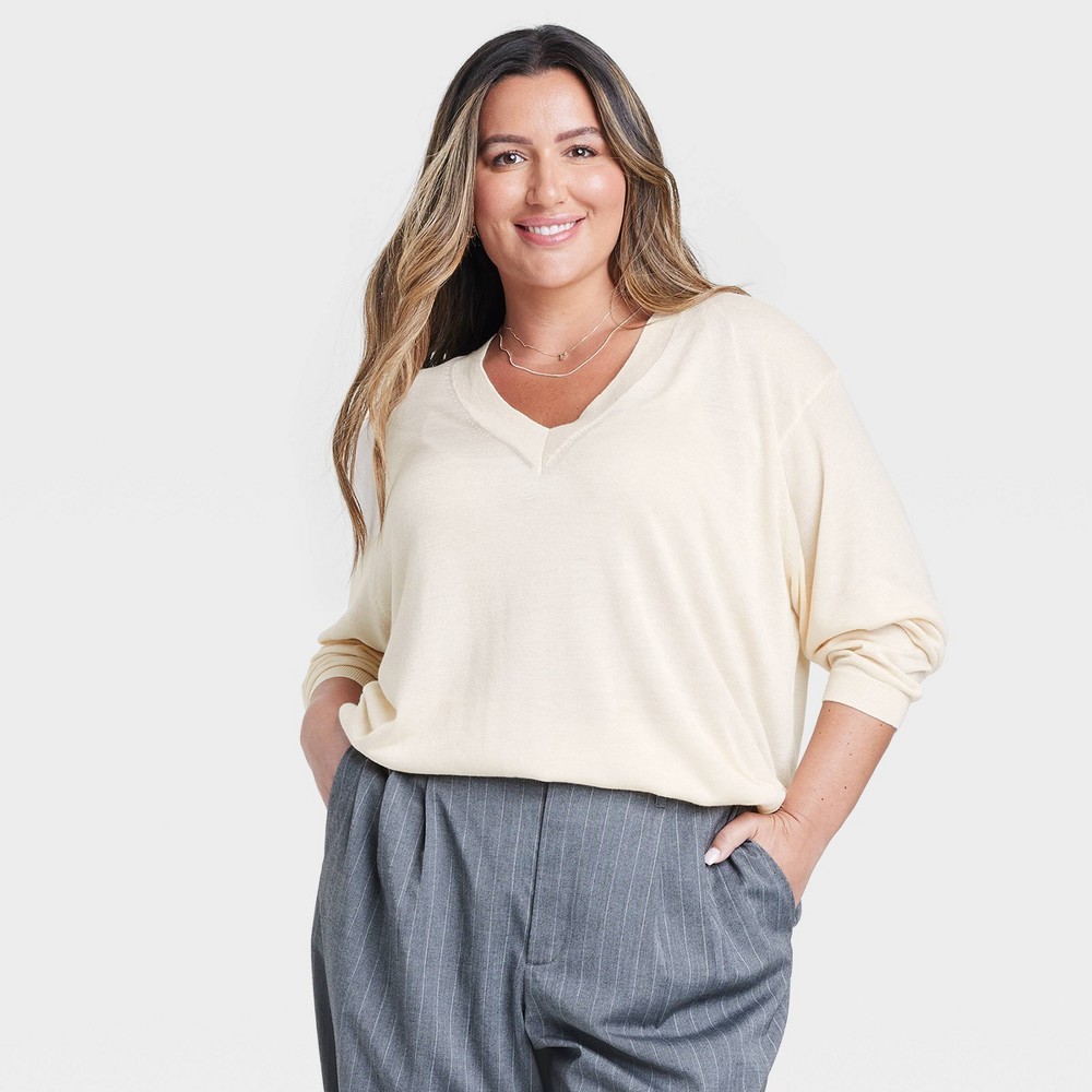 Women's Fine Gauge V-Neck Pullover Sweater - A New Day™ Cream 3X