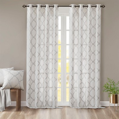 VYNXARIA 50x63" Fretwork Print Grommet Top Window Curtain Panel,Ivory+Grey(Single Panel)
