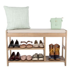 Shoe Bench 3-Tier Wooden Shoe Rack Shoe Storage with Padded Seat Cushion - 1 of 4