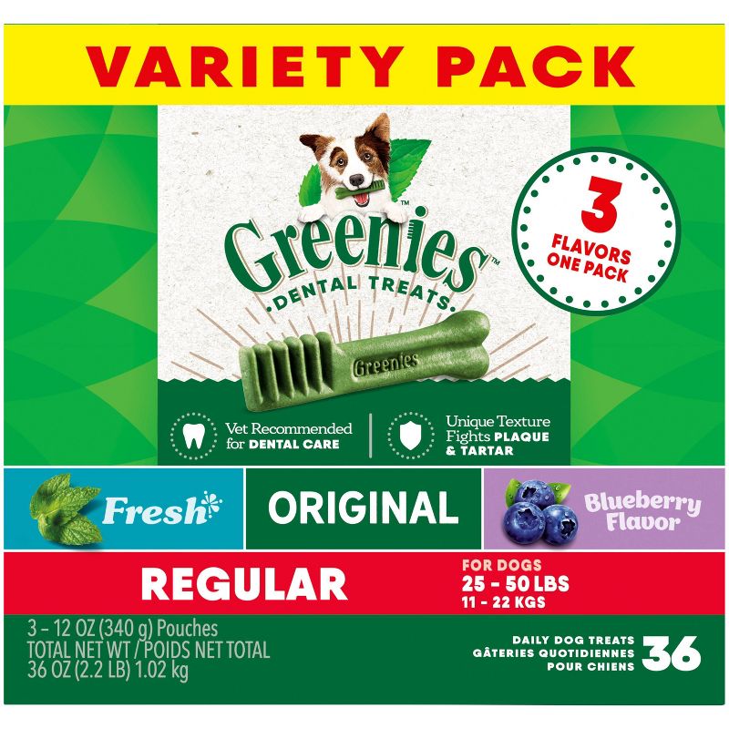 Greenies Regular Spearmint and Blueberry Flavored Adult Dog Dental Treats - 36oz, 1 of 9